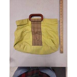 Back to Basics Yellow Canvas Tote Bag Wooden Handles Striped Design Purse